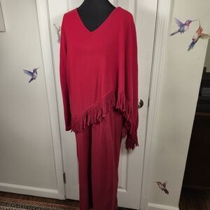 Tribeca Studio Plus Size 1XLWP Red Fringe Maxi Sweater Dress Boho Knit V-Neck